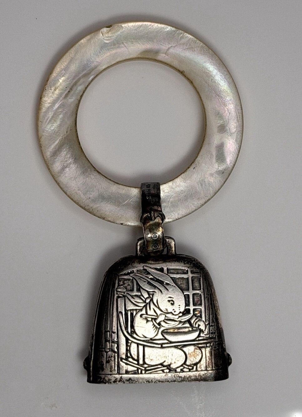 Art Deco Webster Sterling Silver Rabbit Baby Rattle Mother of Pearl Teether